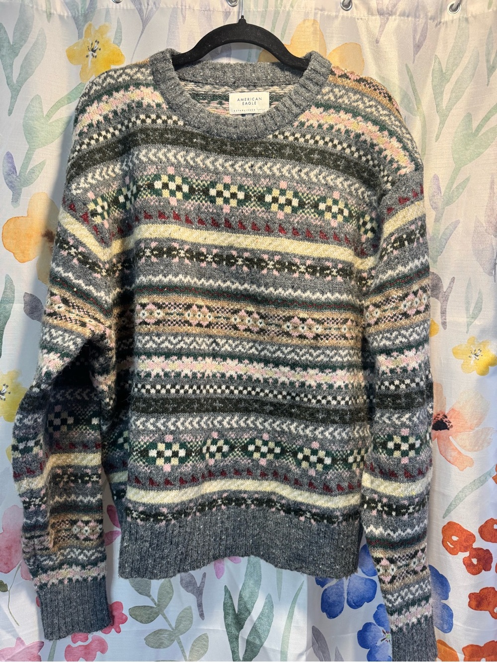American Eagle Men's Green Multi Fair Isle Wool Blend Sweater